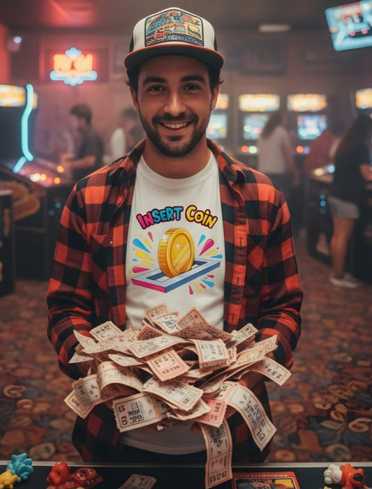 Man holding a large stack of arcade tickets in a casino setting